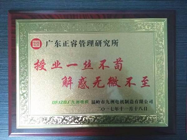 溫嶺市九洲電機制造有限公司贈與廣州正睿授業(yè)一絲不茍與，解惑無微不至牌匾